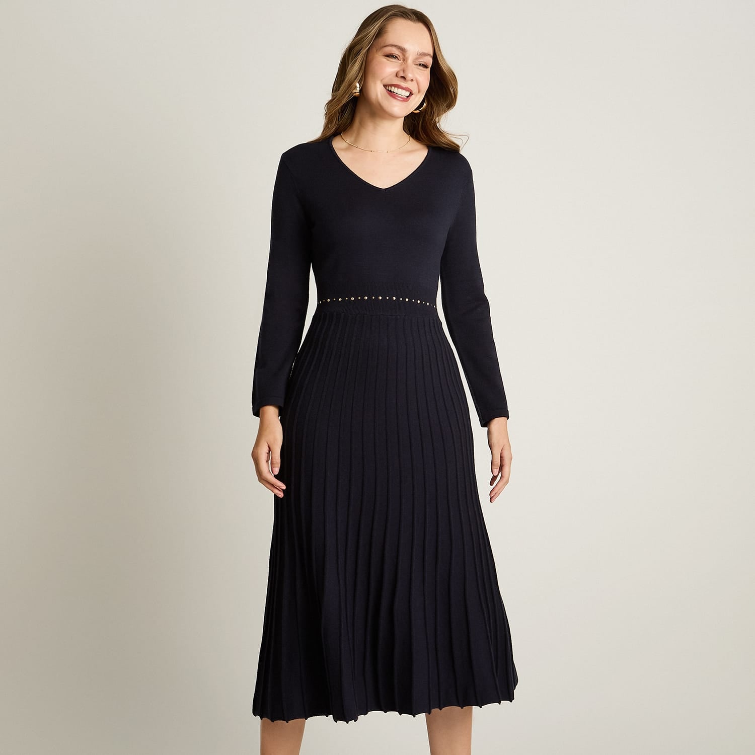 Vestido Midi Azul Midi Elasticidad Nula Sin Forro Calce Normal Tela Tejido
